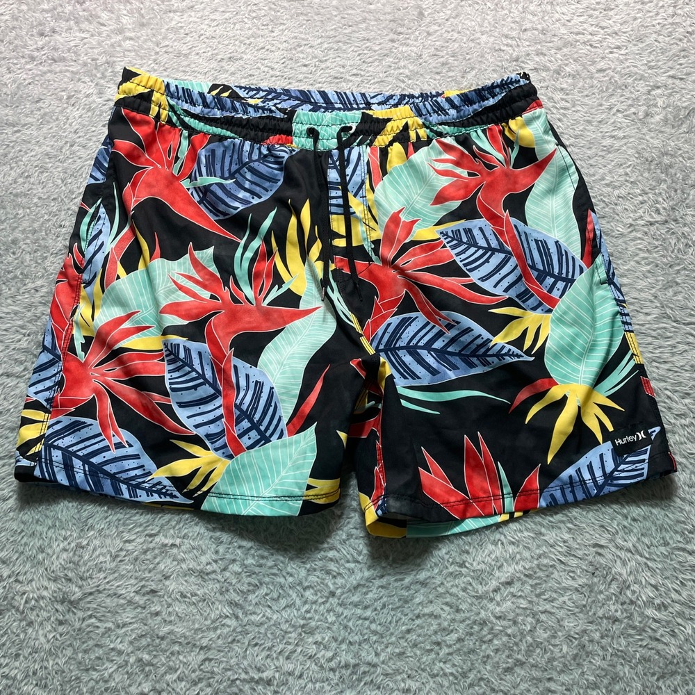 Hurley Mens XXL Tropical Bird of Paradise Floral Swim Trunks Black